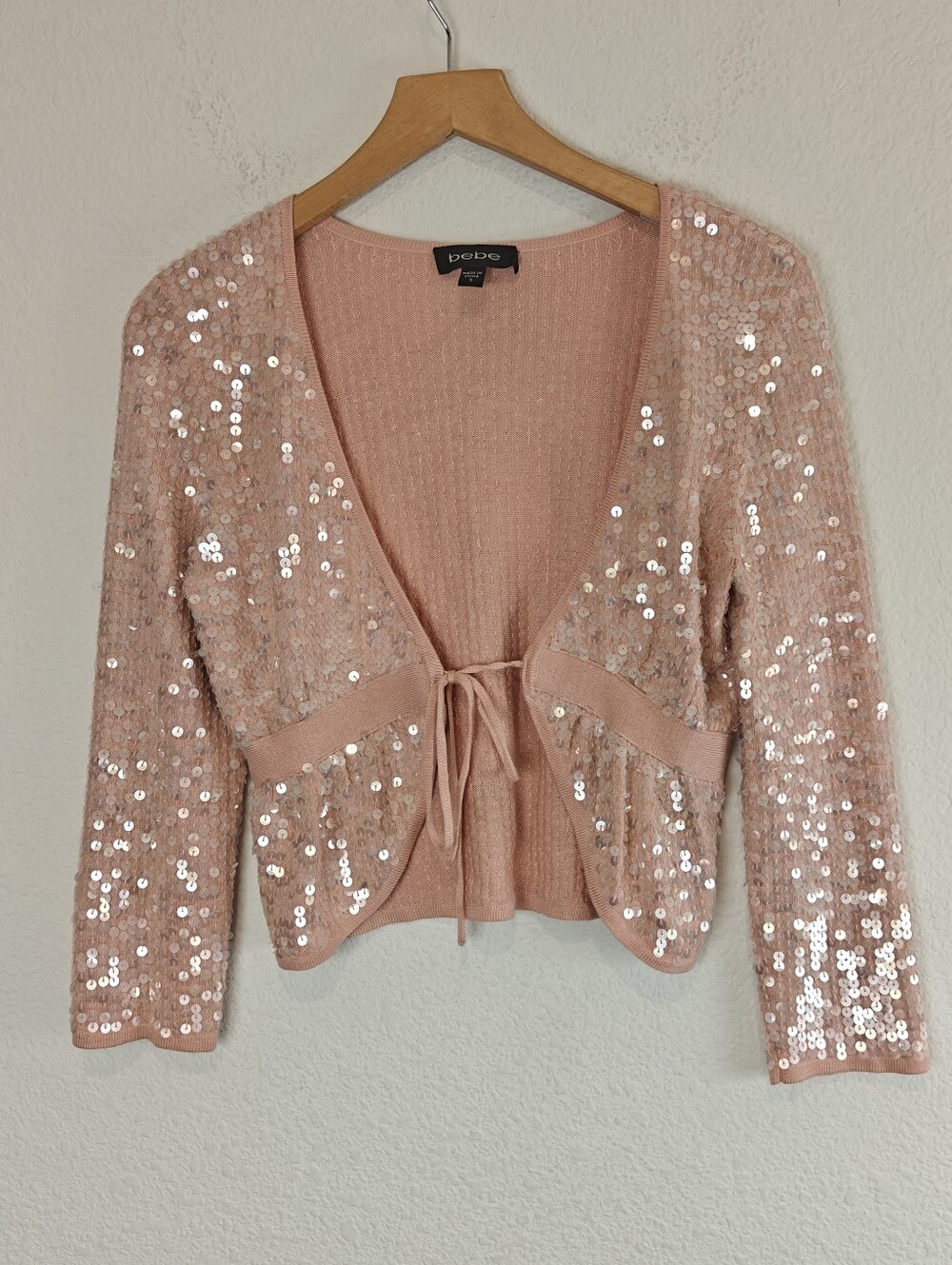Bebe Y2K Pink Sequin Tie Front Cropped Cardigan Sweater Small Glam Party Top
